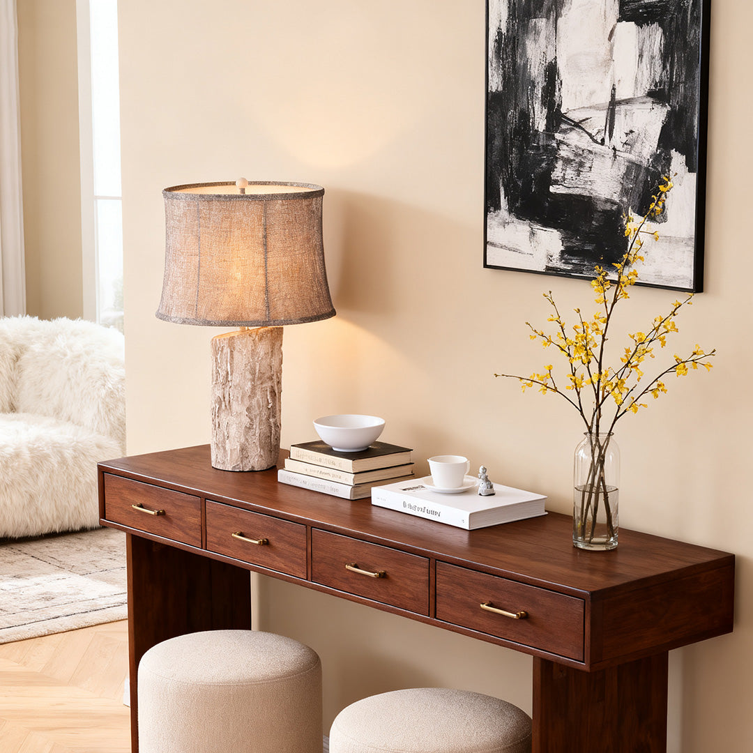 Rustic White Wood Table Lamp with Bark Fabric Shade for Living Room