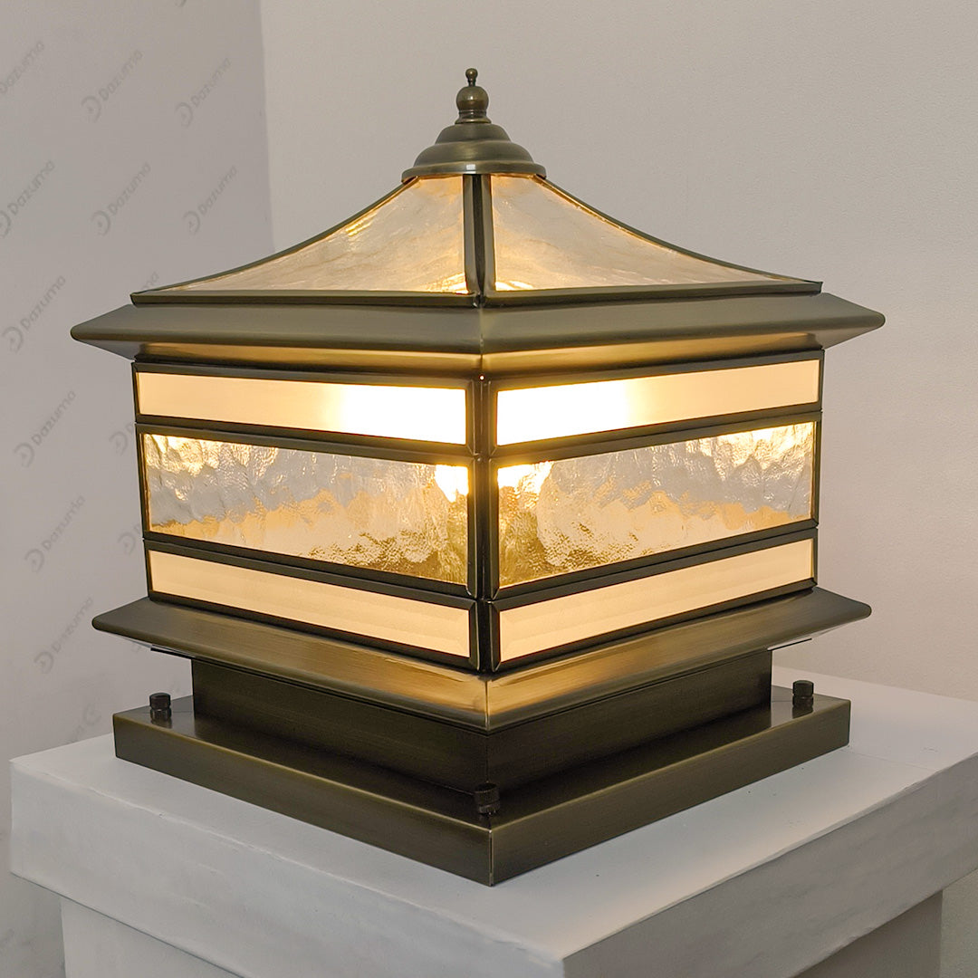 Retro Copper Stone Pillar Solar Fence Post Light for Outdoor Garden Use