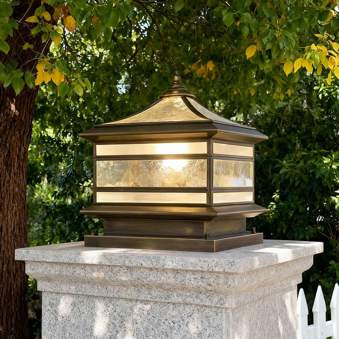 Retro Copper Stone Pillar Solar Fence Post Light for Outdoor Garden Use