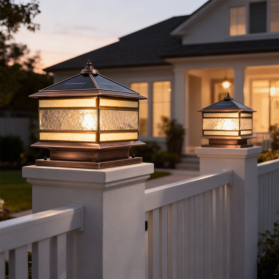 Retro Copper Stone Pillar Solar Fence Post Light for Outdoor Garden Use