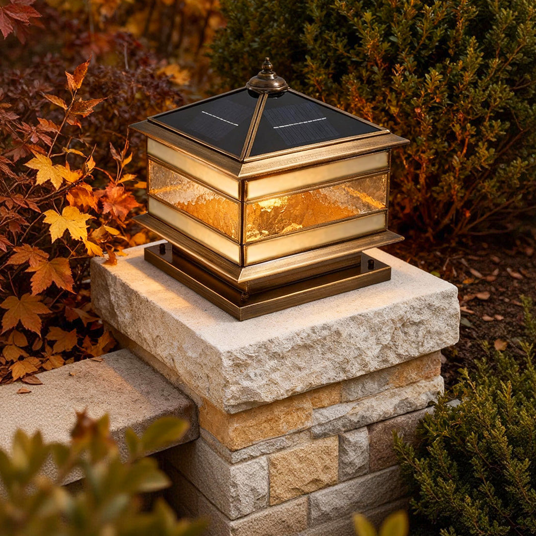 Retro Copper Stone Pillar Solar Fence Post Light for Outdoor Garden Use