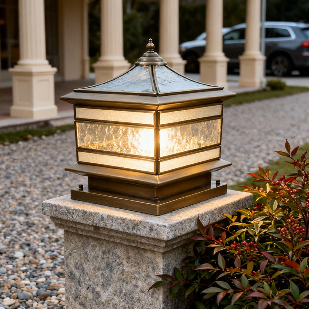 Retro Copper Stone Pillar Solar Fence Post Light for Outdoor Garden Use
