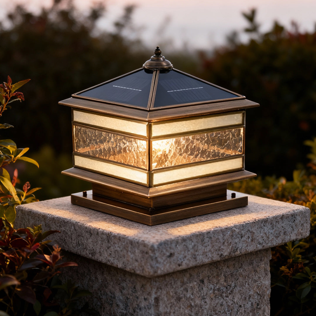 Retro Copper Stone Pillar Solar Fence Post Light for Outdoor Garden Use