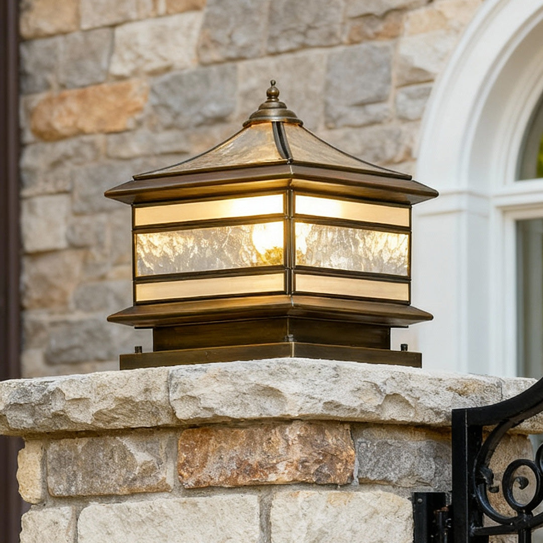 Retro Copper Stone Pillar Solar Fence Post Light for Outdoor Garden Use