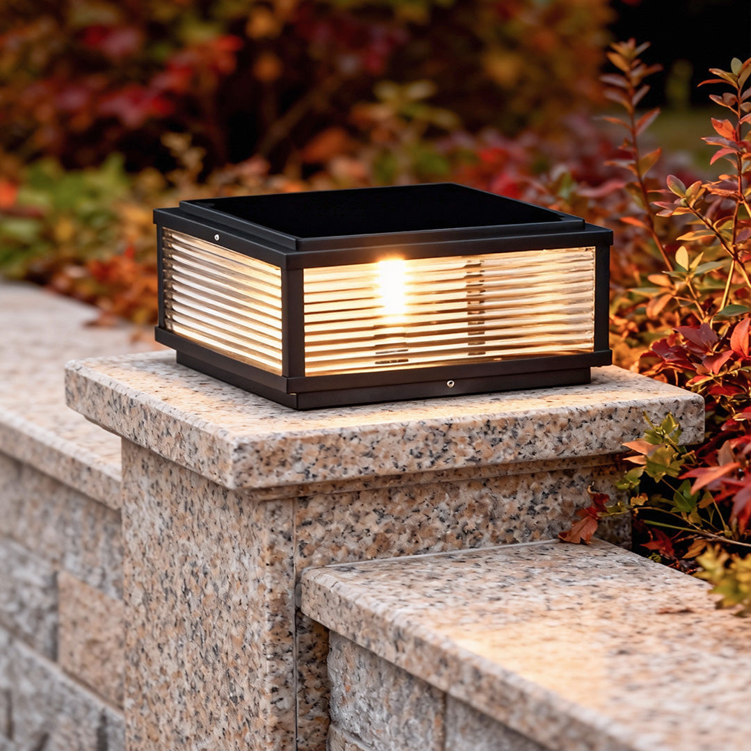 Ribbed Glass Square Pillar Outdoor Metal Lantern Light for Patios