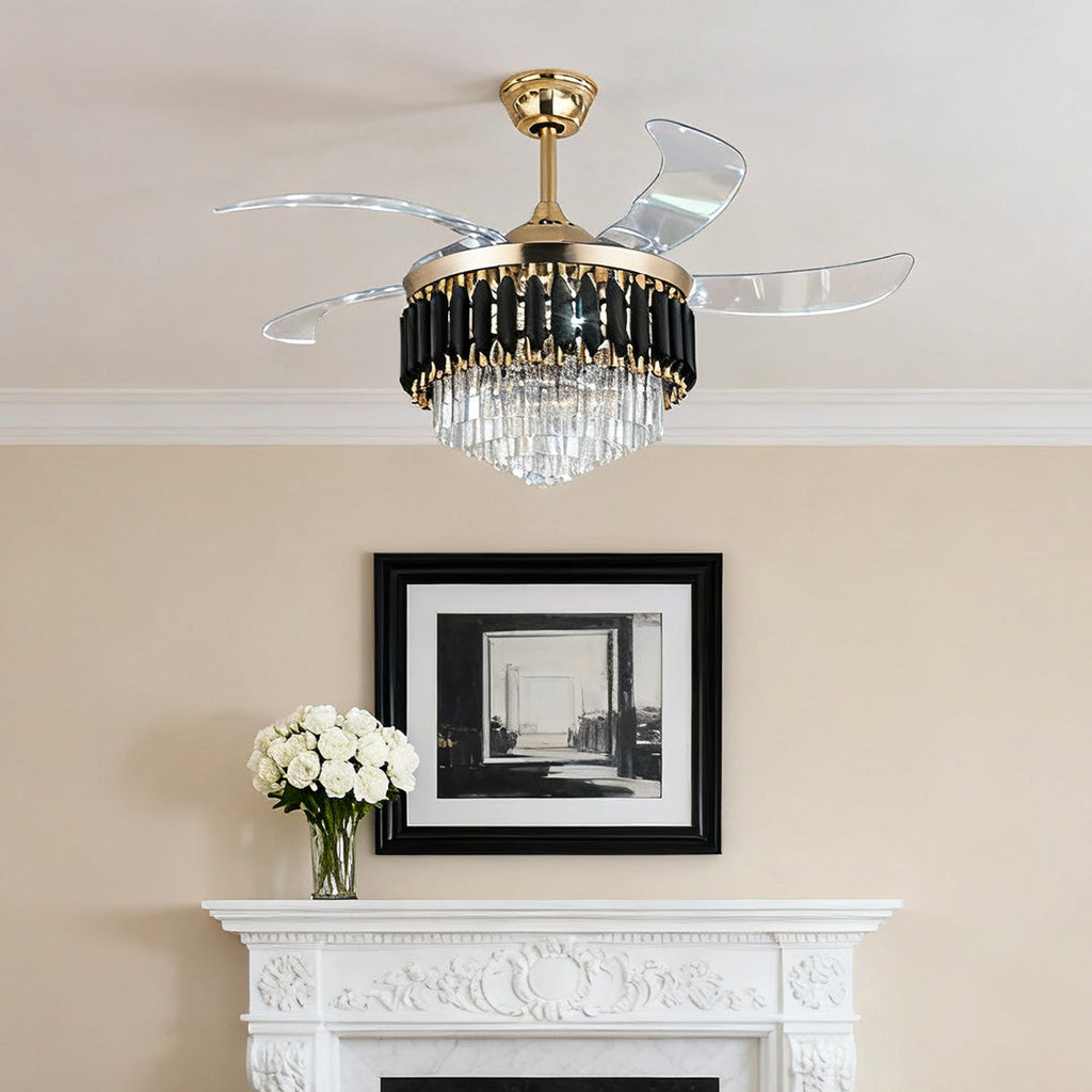 Luxury Black Ceiling Fan with Light, Transparent PC Blades, Iron - Ideal for Living Room