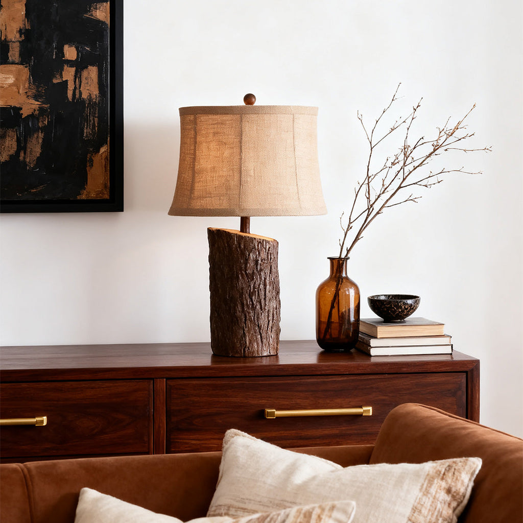 Rustic Faux Wood Nightstand Table Lamp with Bark-Textured Fabric Shade