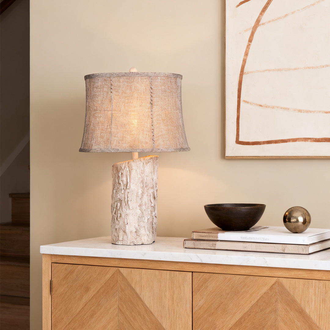 Rustic White Wood Table Lamp with Bark Fabric Shade for Living Room