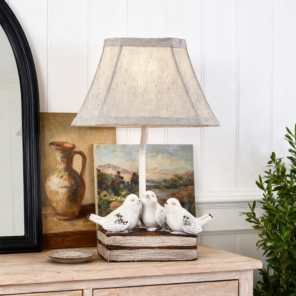 Vintage Fabric Table Lamp with Bird Figurine and Book Base for Living Room
