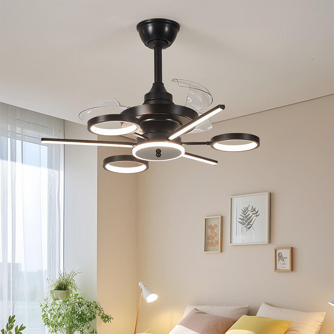 French Vintage Black Iron 3-Blade Ceiling Fan with Multiple Lights for Living Room