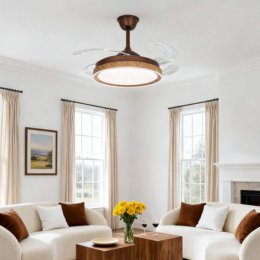Rustic Walnut Wood Grain Ceiling Fan with 4 Lights for Living Room