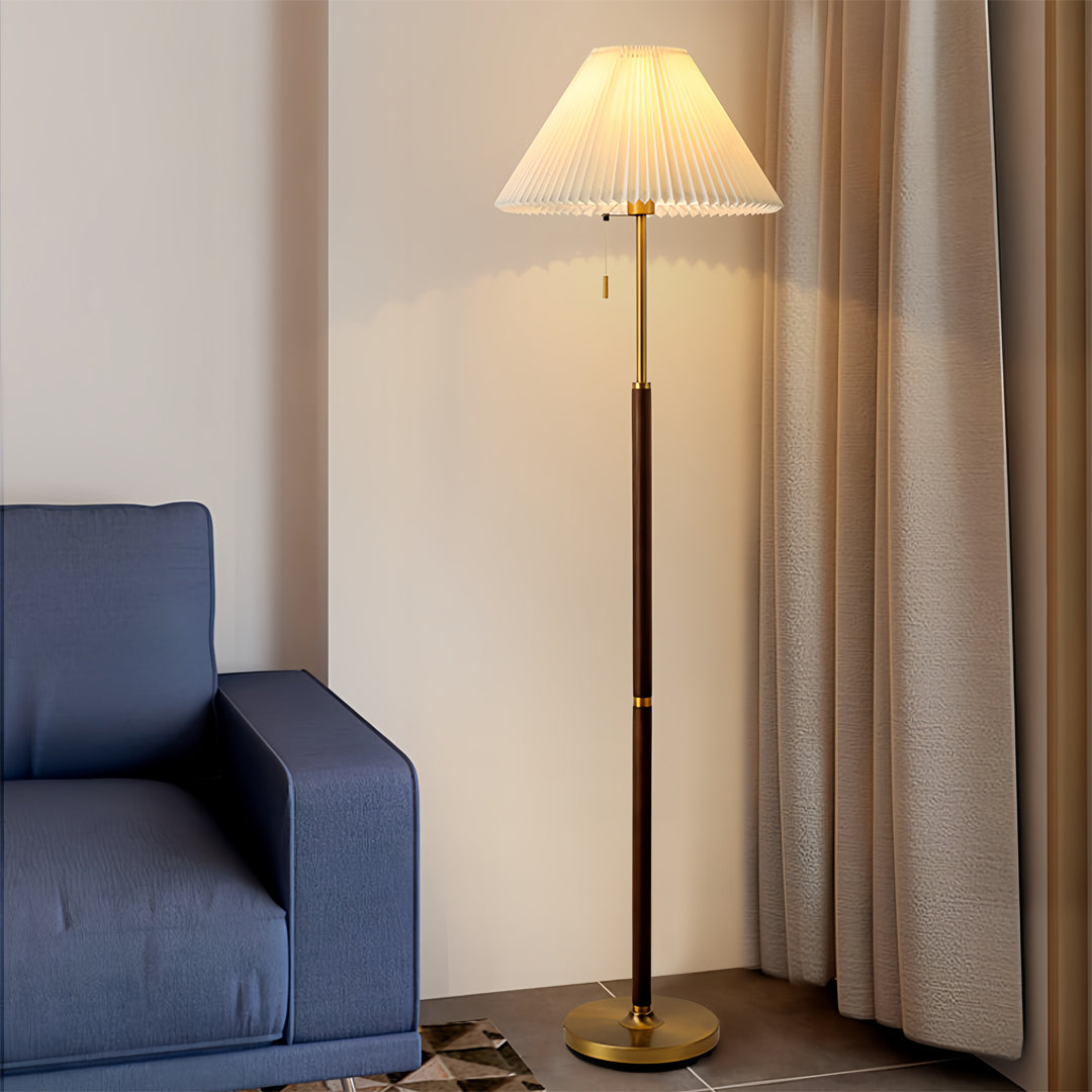 Elegant Wood Floor Lamp with Pleated Fabric Shade for Living Room Decor