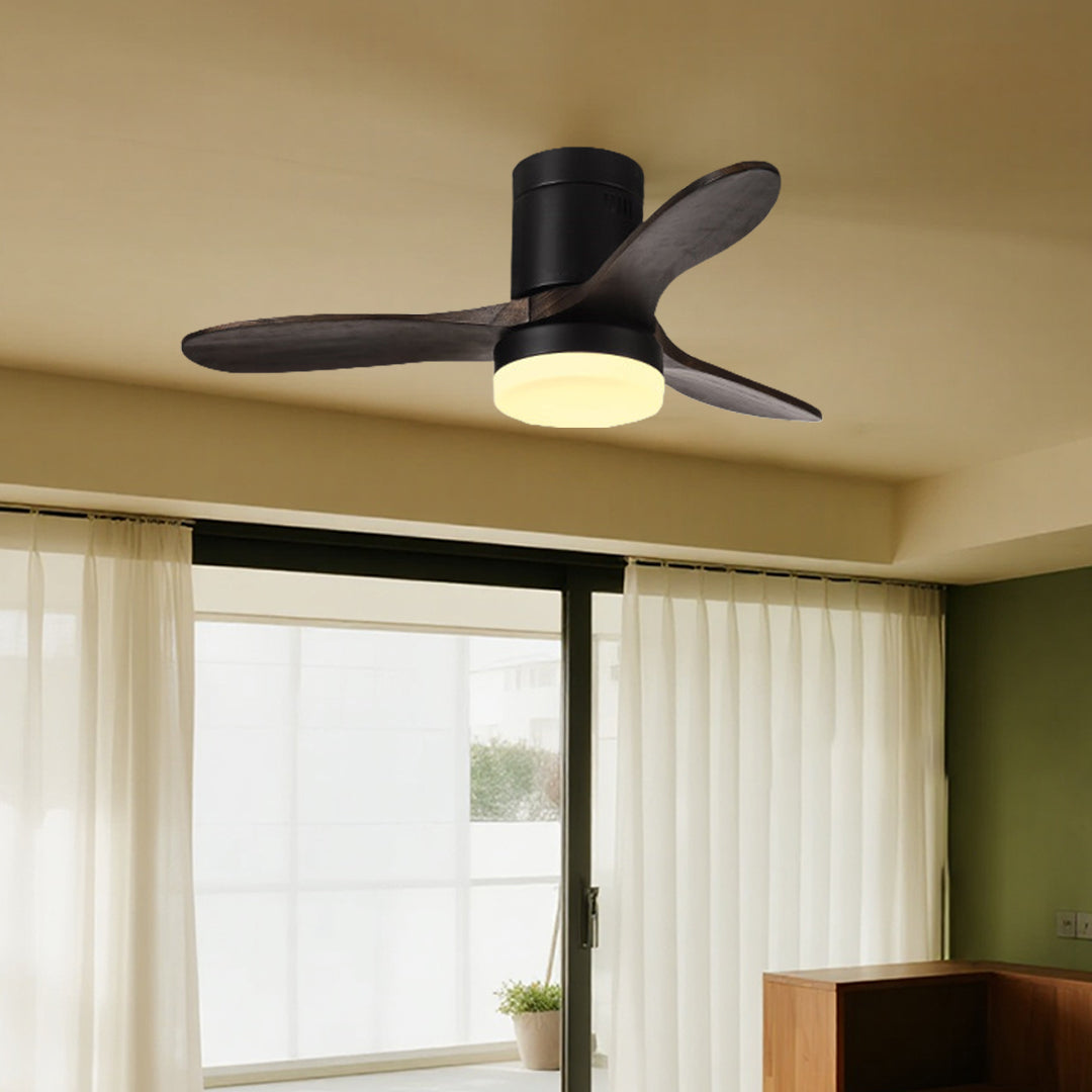 Rustic Wood Three-Blade LED Ceiling Fan with Remote Control for Living Room