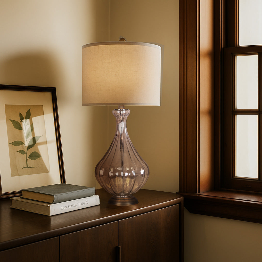 Sculptural Glass Base Table Lamp with Classic Linen Shade for Living Room