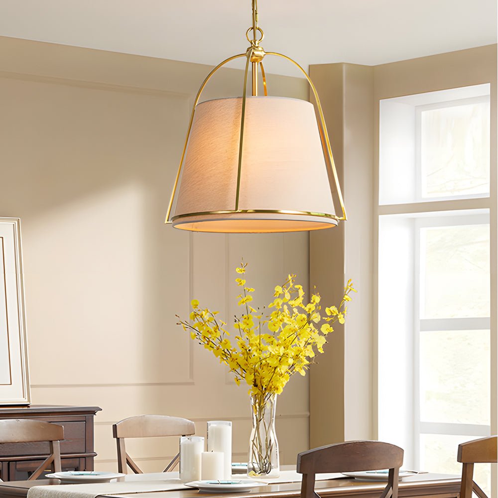 Elegant Gold Trapezoid Pendant Light with White Fabric Shade for Living Room