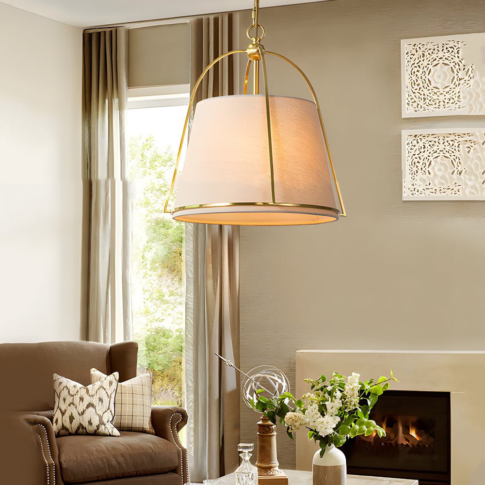 Elegant Gold Trapezoid Pendant Light with White Fabric Shade for Dining Room