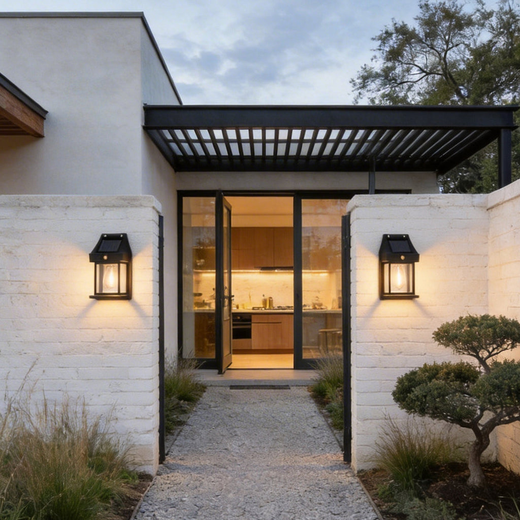 Modern Black Wall Mount Solar Lantern with Tungsten Bulb & Motion Sensor