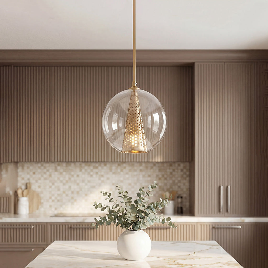 Chic Perforated Metal Cone Pendant Light with Glass Ball for Dining Room