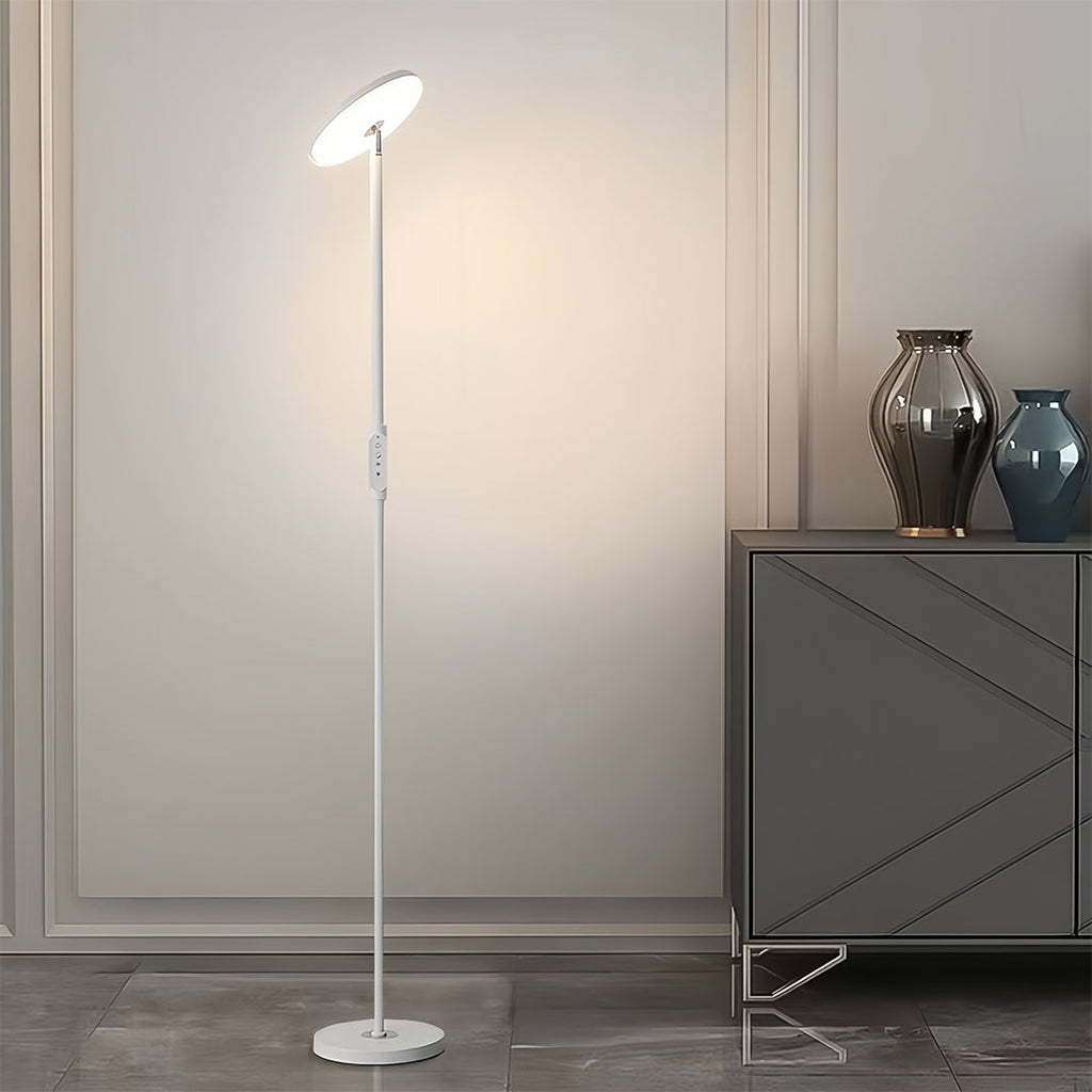 Modern Brass Uplight Floor Lamp with White Shade for Cozy Reading Nook