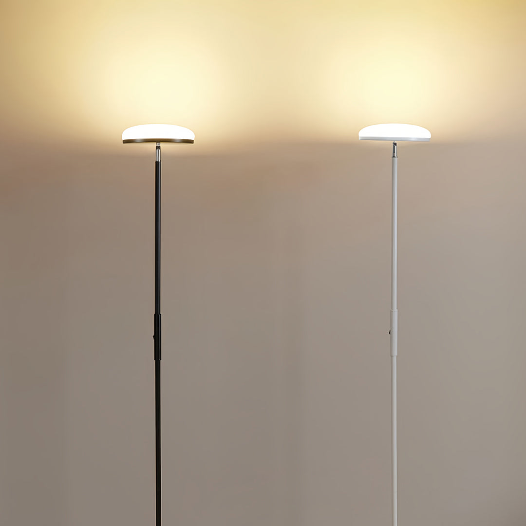 Modern Brass Uplight Floor Lamp with White Shade for Cozy Reading Nook
