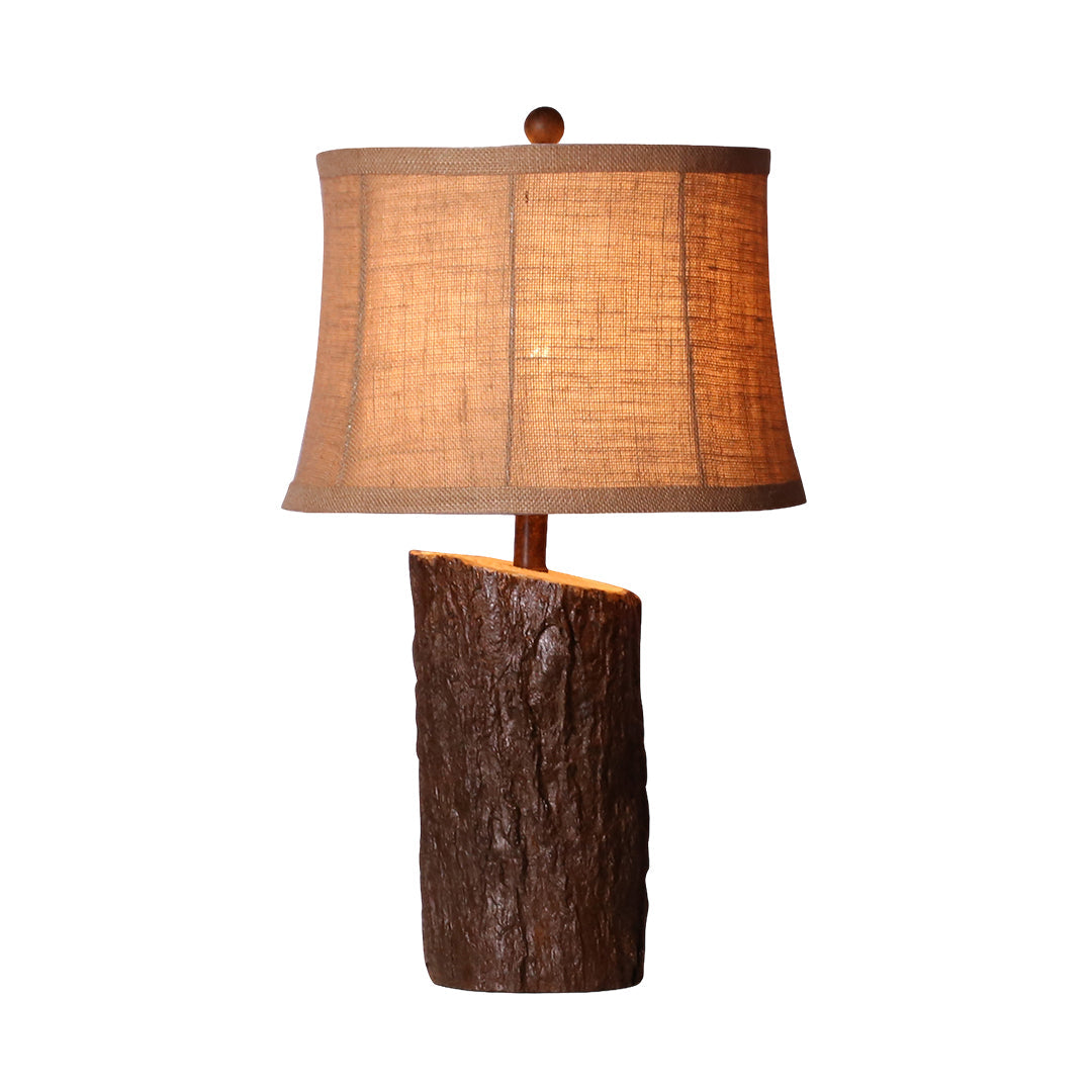 Rustic Faux Wood Nightstand Table Lamp with Bark-Textured Fabric Shade