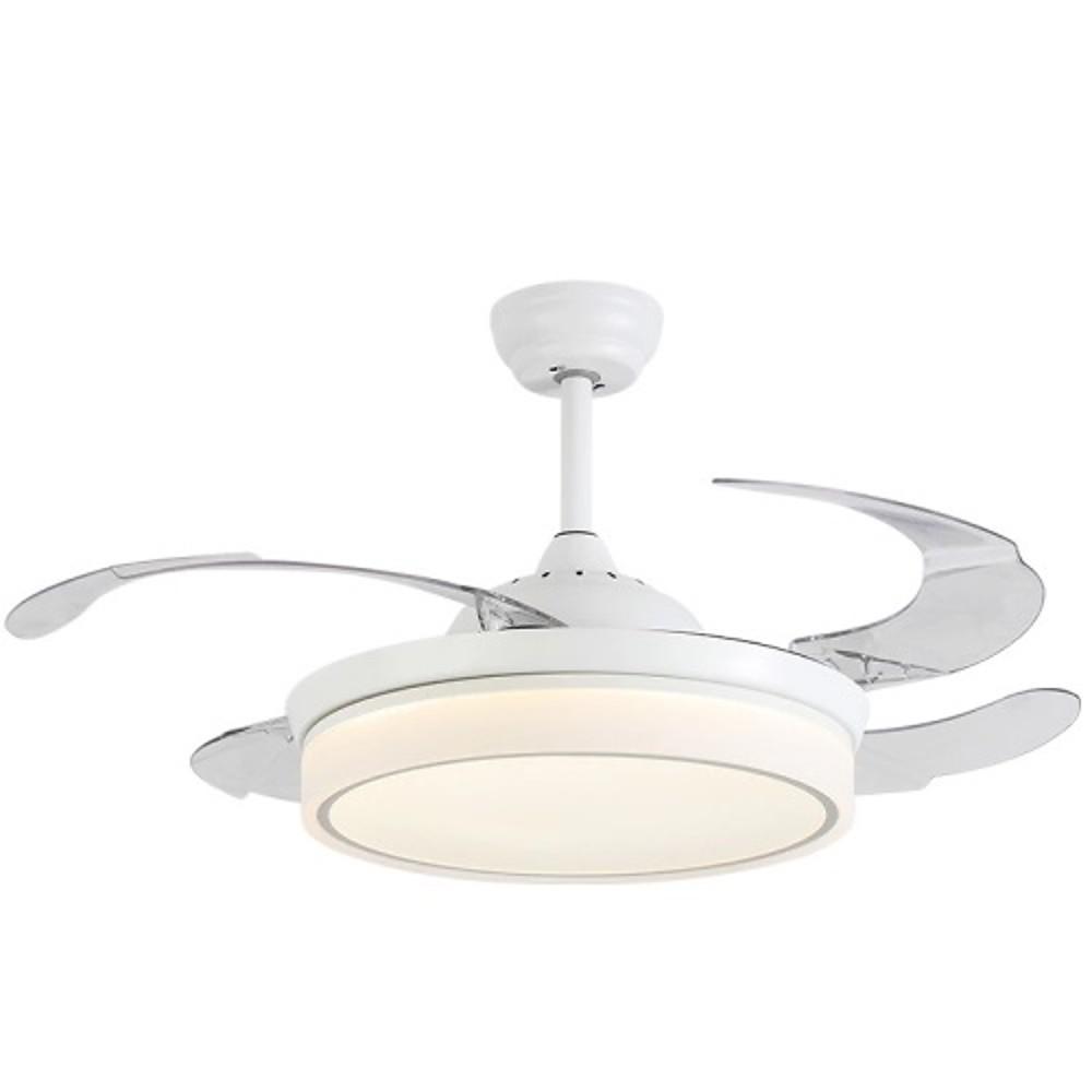 White Retractable Ceiling Fan with 4 Blades and LED Light for Living Room