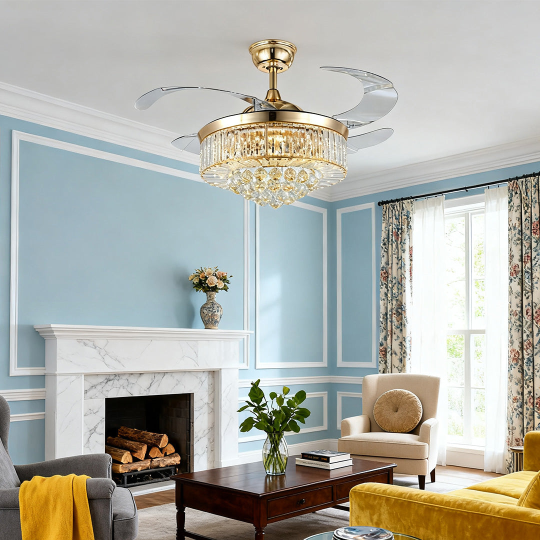 Elegant Gold Iron Crystal Ceiling Fan with Lights for Luxury Interiors