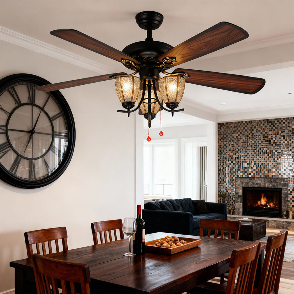 Rustic Dark Wood Grain Ceiling Fan with Lights for Living Room Decor