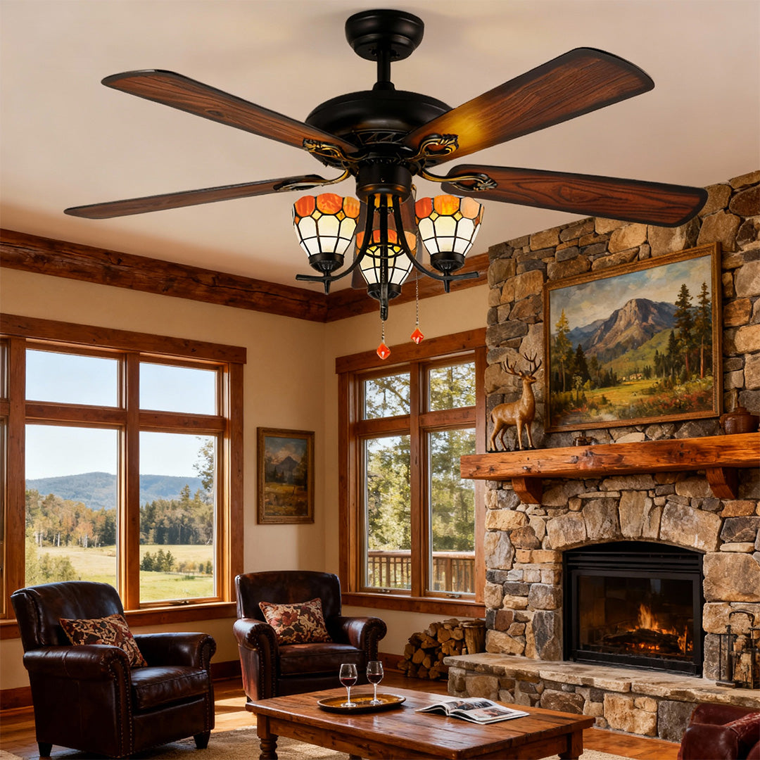 Rustic Dark Wood Grain Ceiling Fan with Lights for Living Room Decor