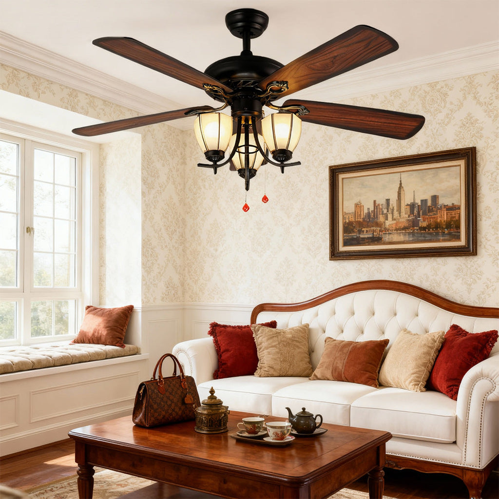 Rustic Dark Wood Grain Ceiling Fan with Lights for Living Room Decor