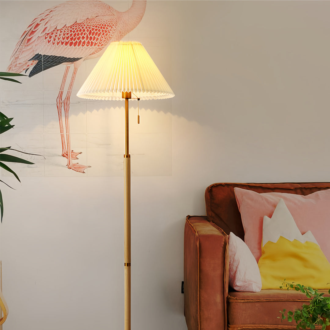 Elegant Wood Floor Lamp with Pleated Fabric Shade for Living Room Decor