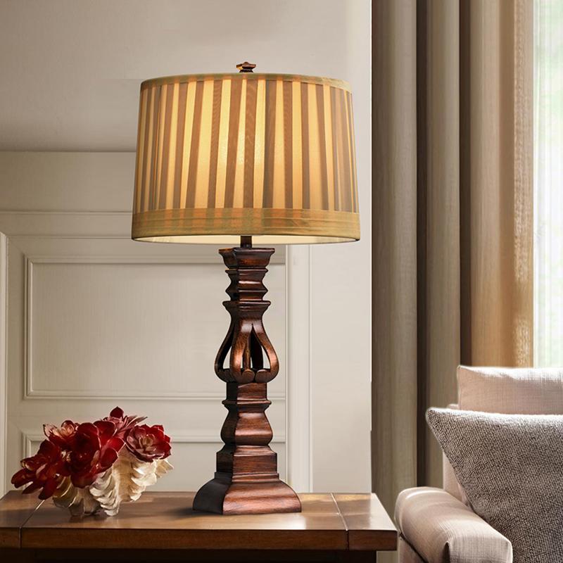 Rustic Brown Wooden Table Lamp with Striped Drum Shade for Bedroom Living Room
