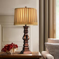 Rustic Brown Wooden Table Lamp with Striped Drum Shade for Bedroom Living Room