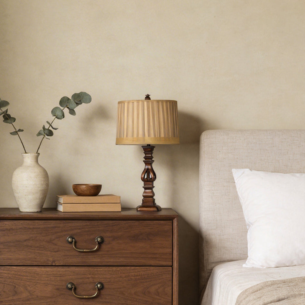 Rustic Brown Wooden Table Lamp with Striped Drum Shade for Bedroom Living Room