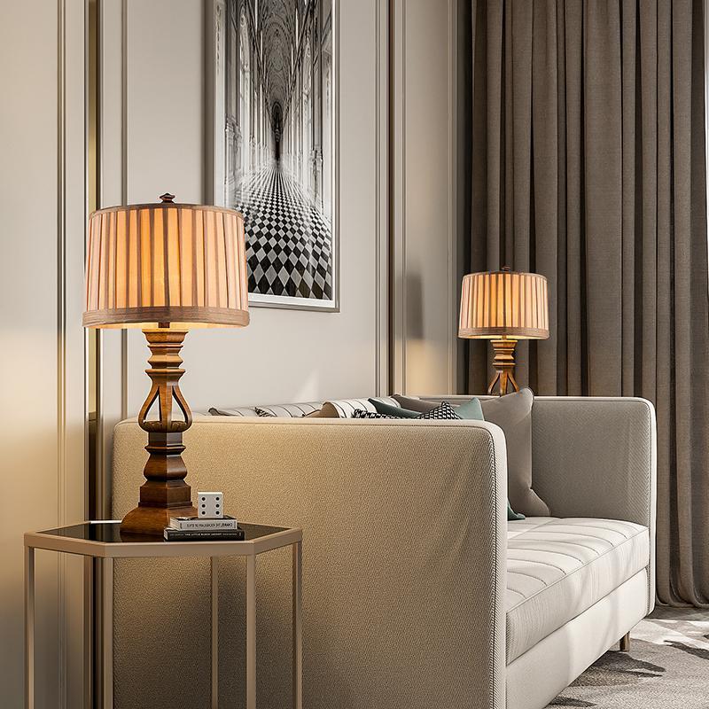 Rustic Brown Wooden Table Lamp with Striped Drum Shade for Bedroom Living Room