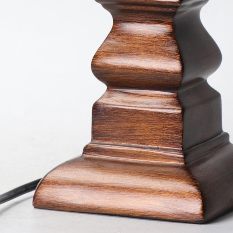 Rustic Brown Wooden Table Lamp with Striped Drum Shade for Bedroom Living Room