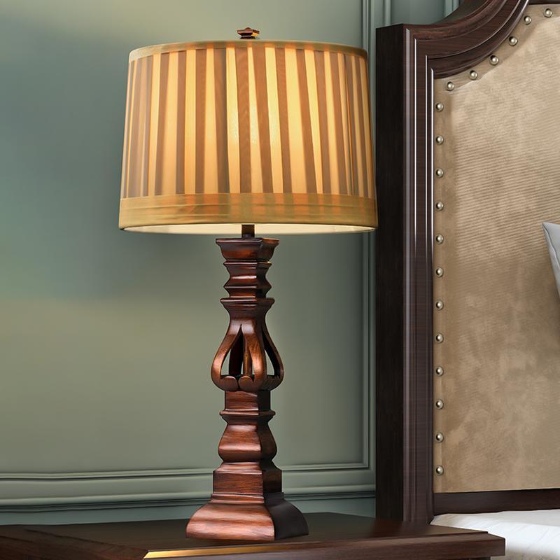 Rustic Brown Wooden Table Lamp with Striped Drum Shade for Bedroom Living Room