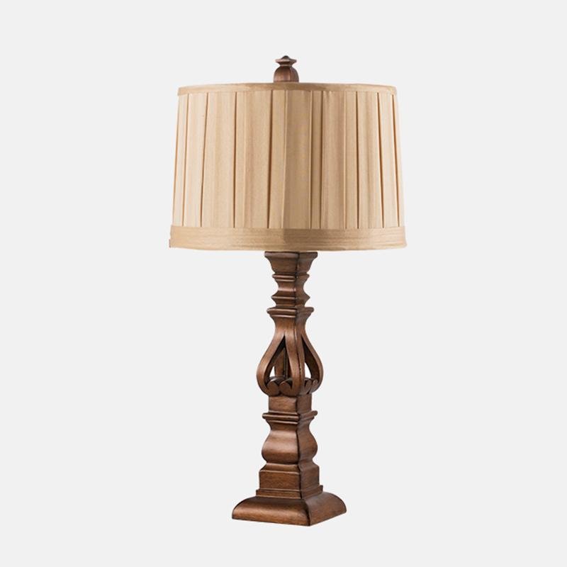 Rustic Brown Wooden Table Lamp with Striped Drum Shade for Bedroom Living Room