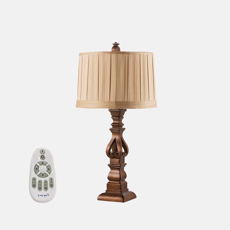 Rustic Brown Wooden Table Lamp with Striped Drum Shade for Bedroom Living Room