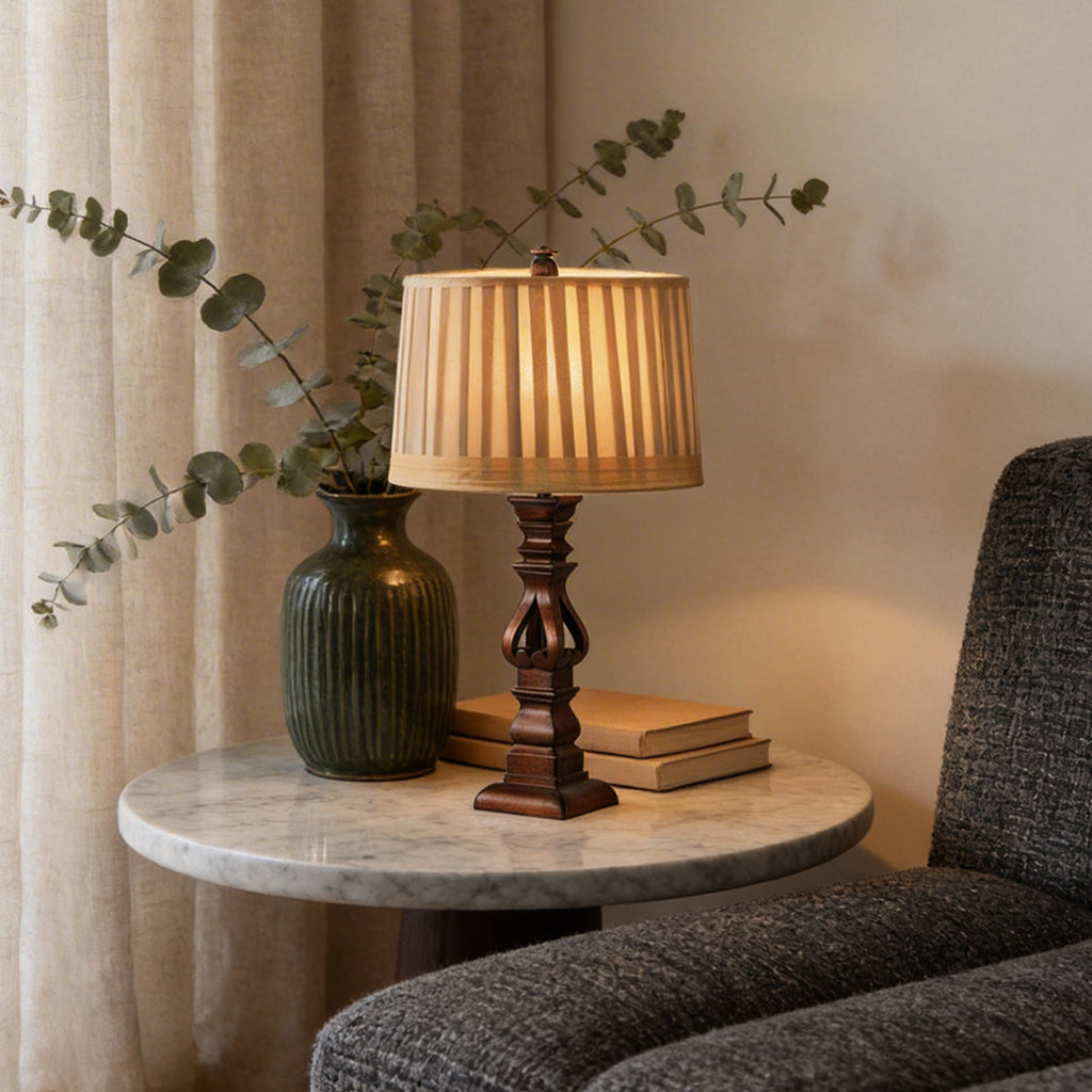 Rustic Brown Wooden Table Lamp with Striped Drum Shade for Bedroom Living Room