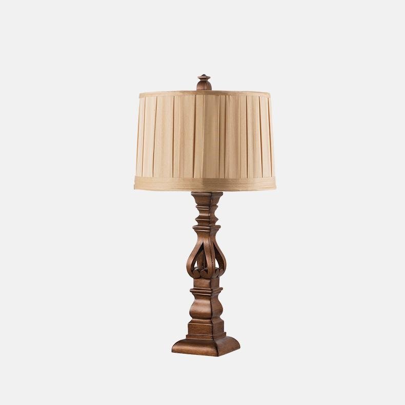Rustic Brown Wooden Table Lamp with Striped Drum Shade for Bedroom Living Room