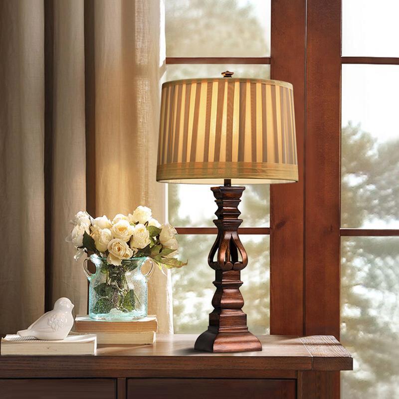 Rustic Brown Wooden Table Lamp with Striped Drum Shade for Bedroom Living Room