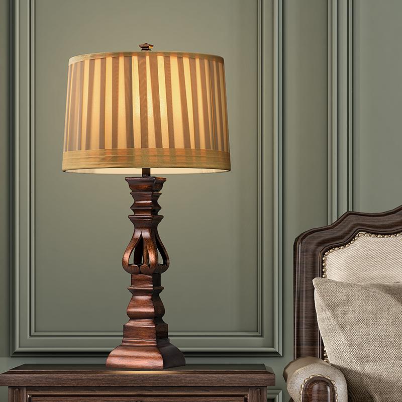 Rustic Brown Wooden Table Lamp with Striped Drum Shade for Bedroom Living Room