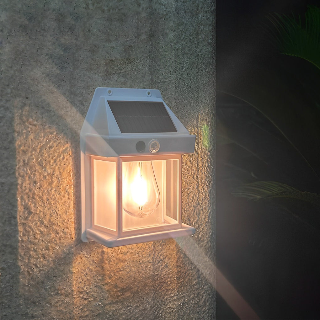 Modern Black Wall Mount Solar Lantern with Tungsten Bulb & Motion Sensor
