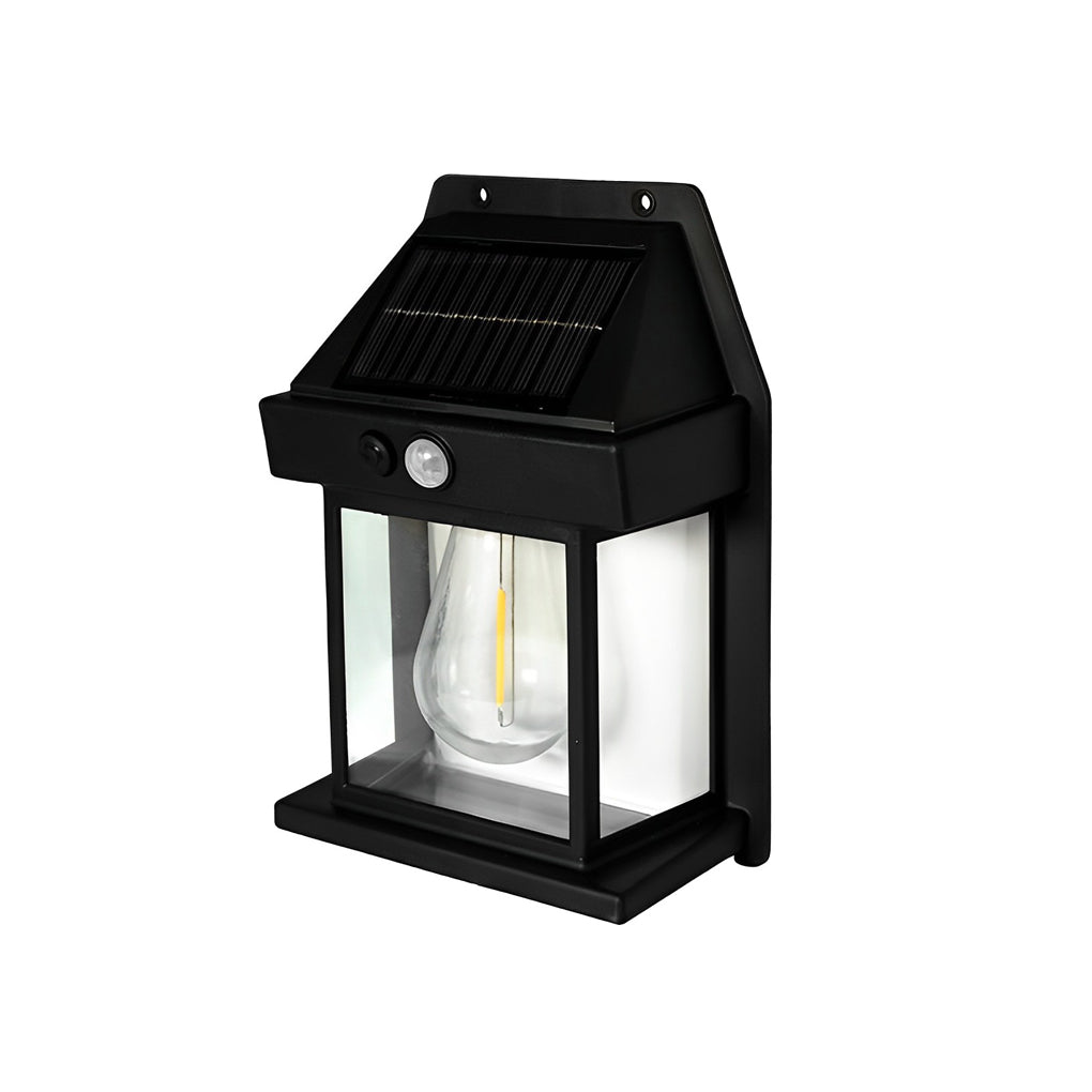 Modern Black Wall Mount Solar Lantern with Tungsten Bulb & Motion Sensor