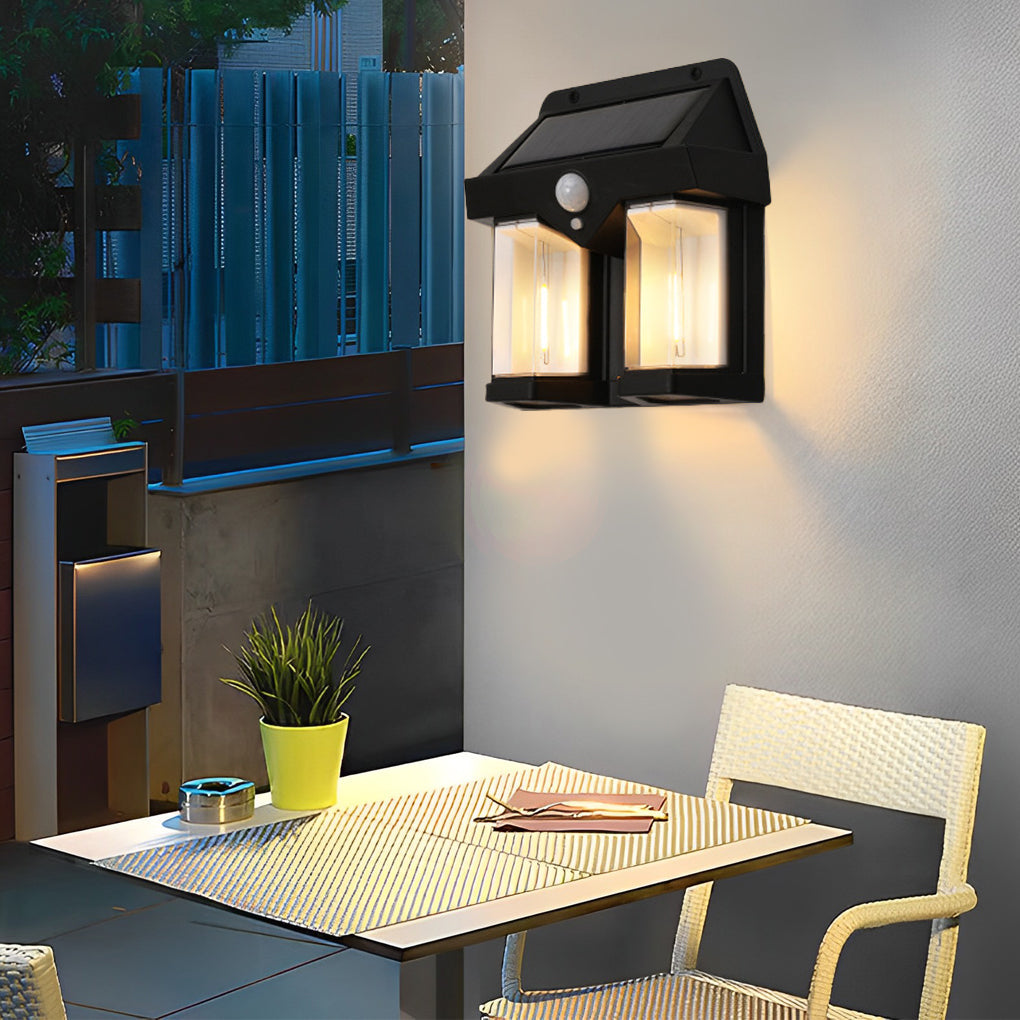Modern Black Wall Mount Solar Lantern with Tungsten Bulb & Motion Sensor
