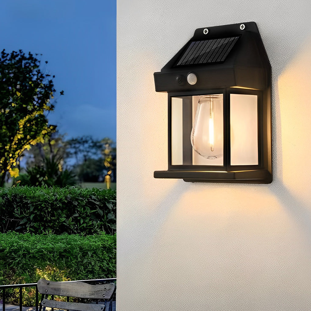 Modern Black Wall Mount Solar Lantern with Tungsten Bulb & Motion Sensor