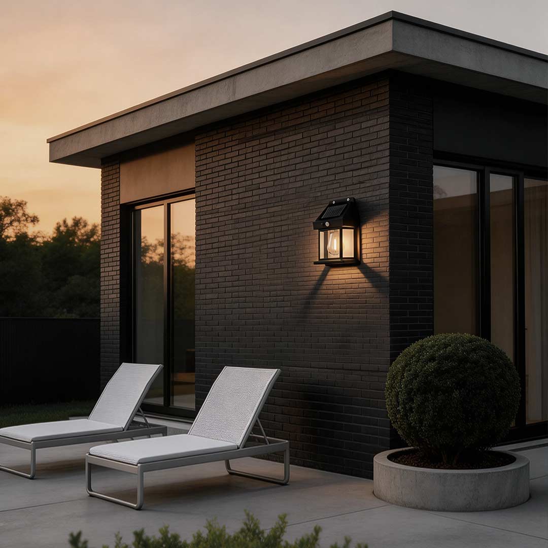 Modern Black Wall Mount Solar Lantern with Tungsten Bulb & Motion Sensor