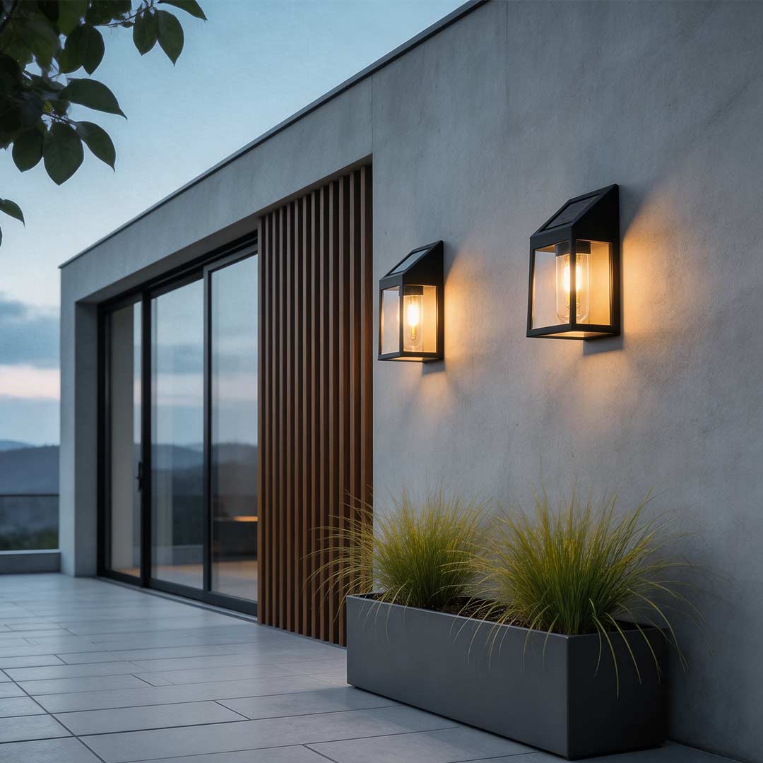 Modern Black Wall Mount Solar Lantern with Tungsten Bulb & Motion Sensor