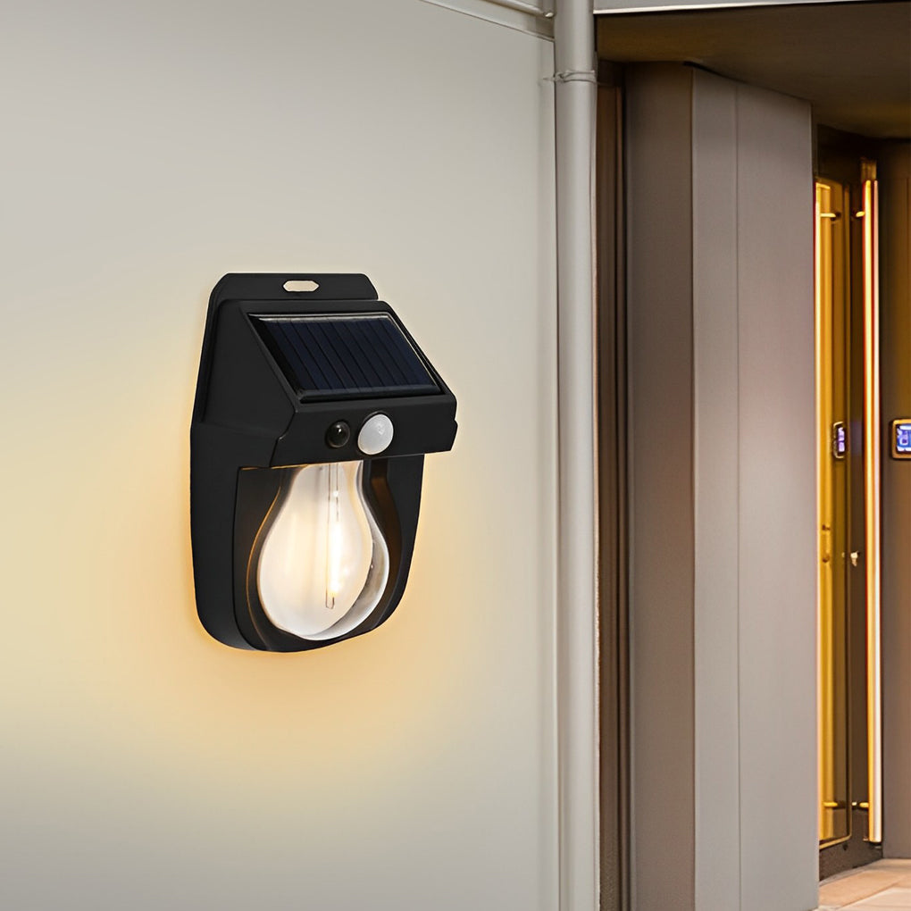 Modern Black Wall Mount Solar Lantern with Tungsten Bulb & Motion Sensor